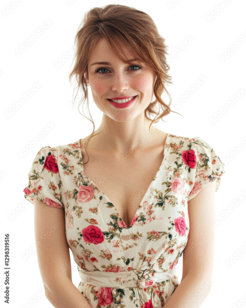 Smiling woman wearing floral dress on transparent background Smiling woman wearing floral dress on transparent background
