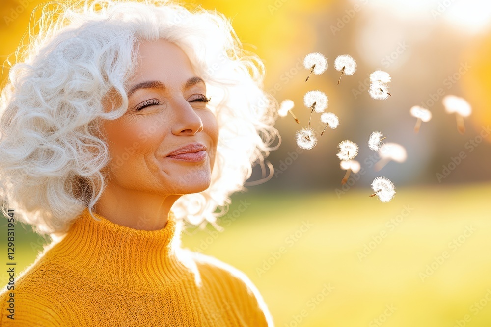 Fototapeta premium Graceful Woman Amidst Floating Dandelion Seeds