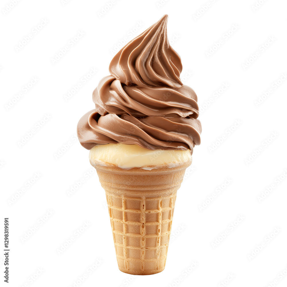 Delicious chocolate soft serve ice cream cone isolated against a transparent background, tempting sweetness for dessert lovers, Chocolate Soft Serve Ice Cream in Cone Isolated on transparent Delicious chocolate soft serve ice cream cone isolated against a transparent background, tempting sweetness for dessert lovers, Chocolate Soft Serve Ice Cream in Cone Isolated on transparent