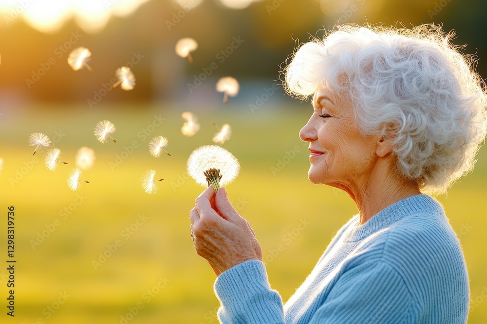 Elderly Woman Enjoys Dandelion Seeds In Sunshine Elderly Woman Enjoys Dandelion Seeds In Sunshine