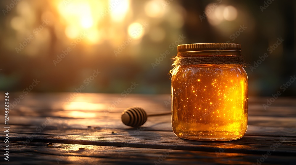 Charming jar of honey placed on a wooden table with warm lighting creating a cozy and inviting atmosphere Charming jar of honey placed on a wooden table with warm lighting creating a cozy and inviting atmosphere