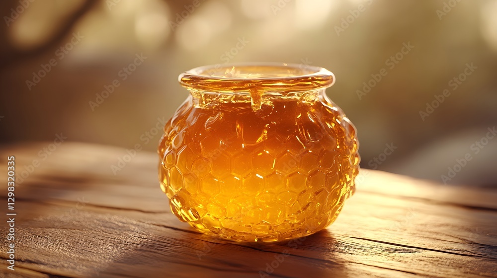 Beautifully arranged honey jar on a rustic table surrounded by natural elements enhancing its organic appeal Beautifully arranged honey jar on a rustic table surrounded by natural elements enhancing its organic appeal
