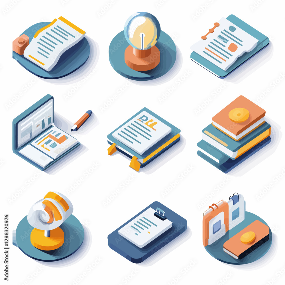 Isometric Office Objects Representing Data, Concepts, and Productivity Isometric Office Objects Representing Data, Concepts, and Productivity