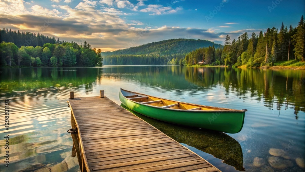 Canoe on dock, green canoe tied to wooden dock post, lake scenery, nature scenes