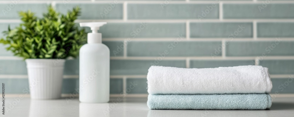 A small white towel neatly folded alongside a glass cleaner bottle on a tidy kitchen countertop showcasing a minimalist and functional home decor arrangement A small white towel neatly folded alongside a glass cleaner bottle on a tidy kitchen countertop showcasing a minimalist and functional home decor arrangement