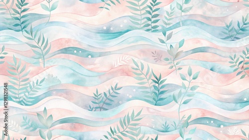 Serene Watercolor Waves with Delicate Botanical Accents A Pastel-Colored Seamless Pattern for Textile Design