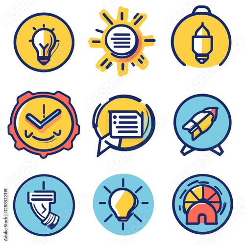 Icon set representing ideas, goals, and communication in a colorful style