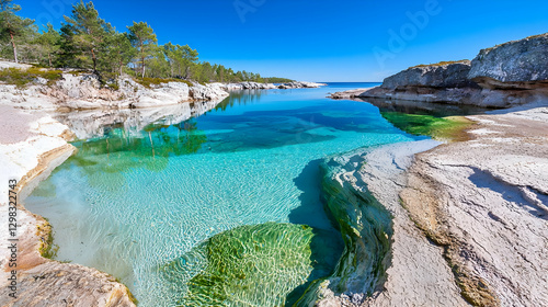 Clear turquoise cove, rocky shore, pine trees, sunny day, travel postcard
