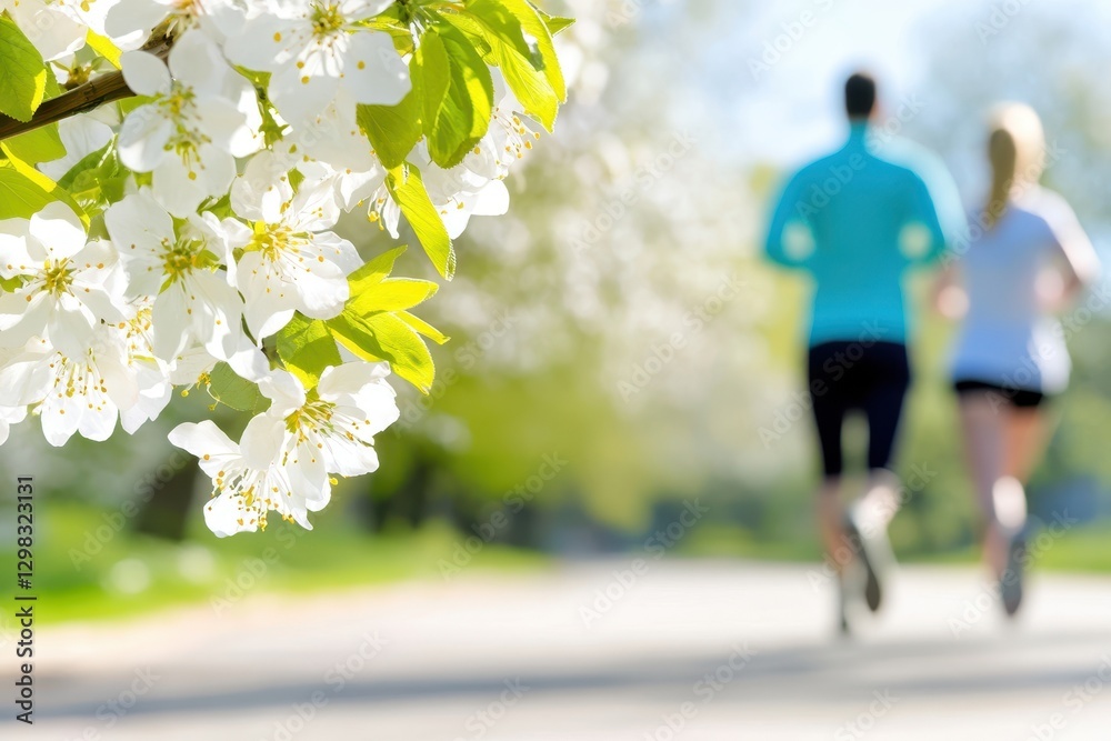 Obraz premium Spring Blossoms Framing Active Jogging Couple