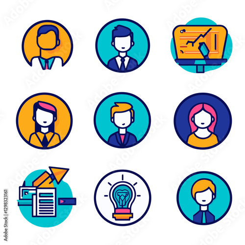 Business Teamwork Ideas, Leadership, Innovation and Financial Growth Icons
