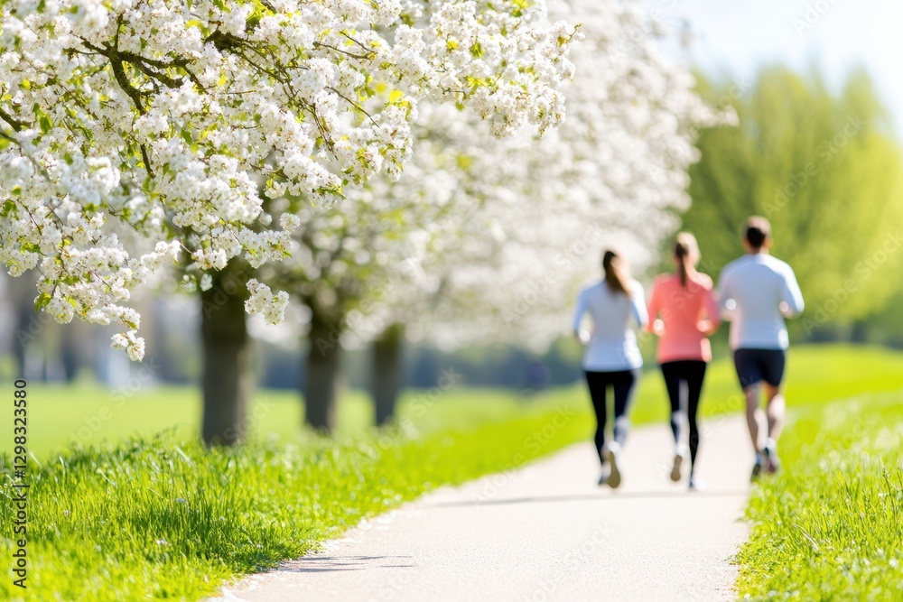Obraz premium People Jogging Under Blooming Cherry Blossom Trees