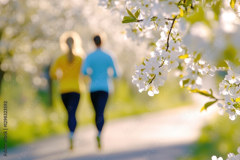 Obraz premium Couple Jogging Along A Path With Flower Trees
