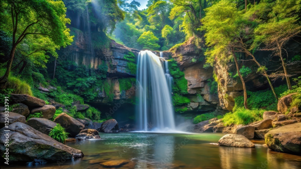 Fototapeta premium Waterfall in forest, dense greenery surrounding