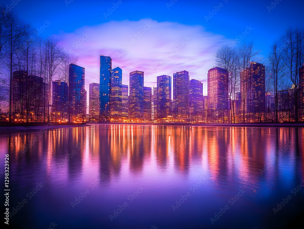 Fototapeta premium Cityscape at Dusk, Urban Reflection Illustration