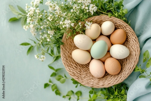 Close-up of colorful painted eggs and flowers for easter decoration and celebration