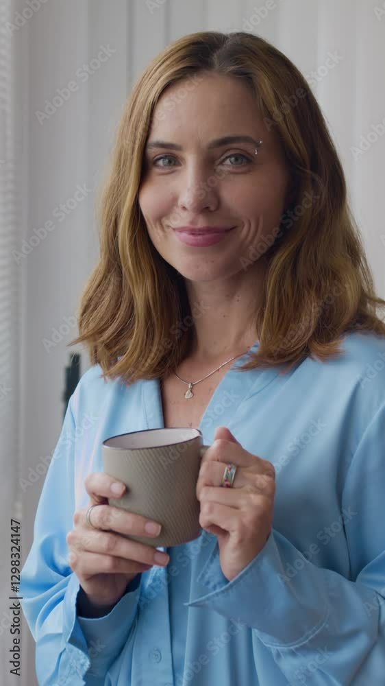 Vertical shot of businesswoman drinking coffee during break in office Vertical shot of businesswoman drinking coffee during break in office