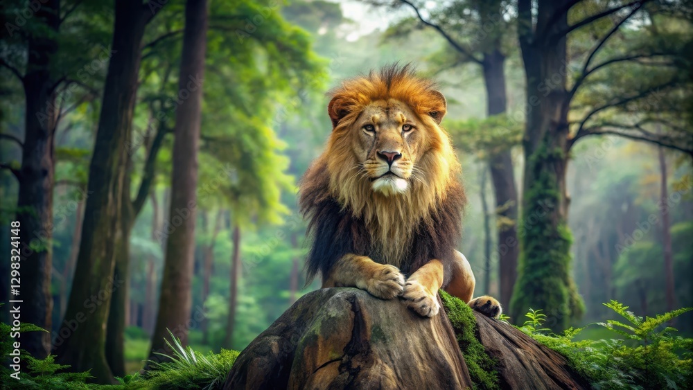 Fototapeta premium A large male lion sitting on a tree stump surrounded by tall trees and a clearing in the jungle , wildlife, zoo, wildlife, zoo