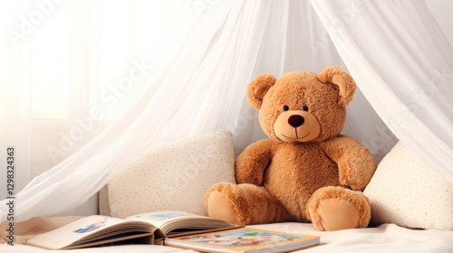 Oversized teddy bear placed in a cozy reading nook with storybooks and cushions under a white canopy near a window