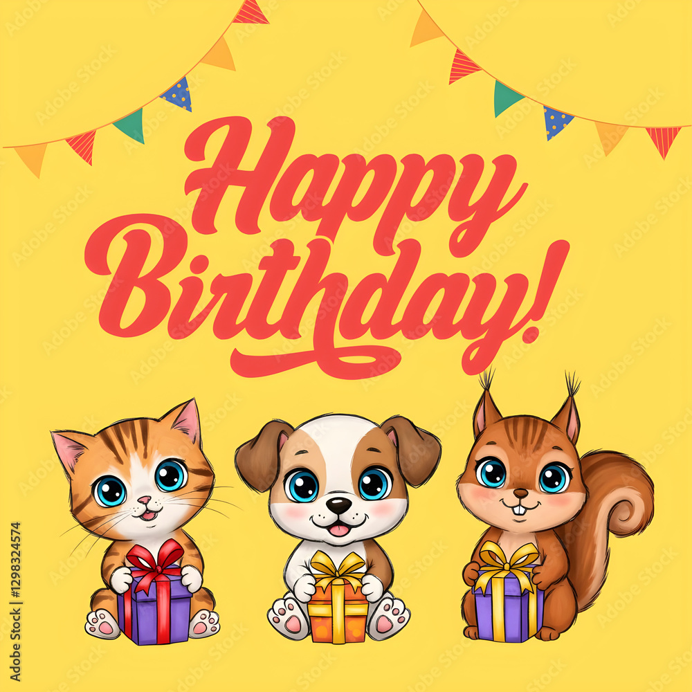 Fototapeta premium Cute animals holding gifts celebrating happy birthday