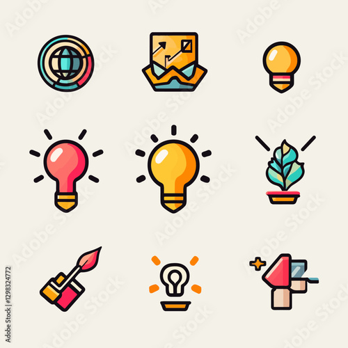 Business Icons Set: Globe, Graph, Idea Bulbs, Plant, Development, Growth