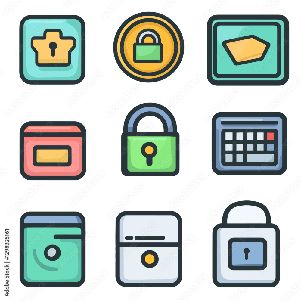 Colorful Icon Set Featuring Security, Calendar, and File Storage Concepts Colorful Icon Set Featuring Security, Calendar, and File Storage Concepts
