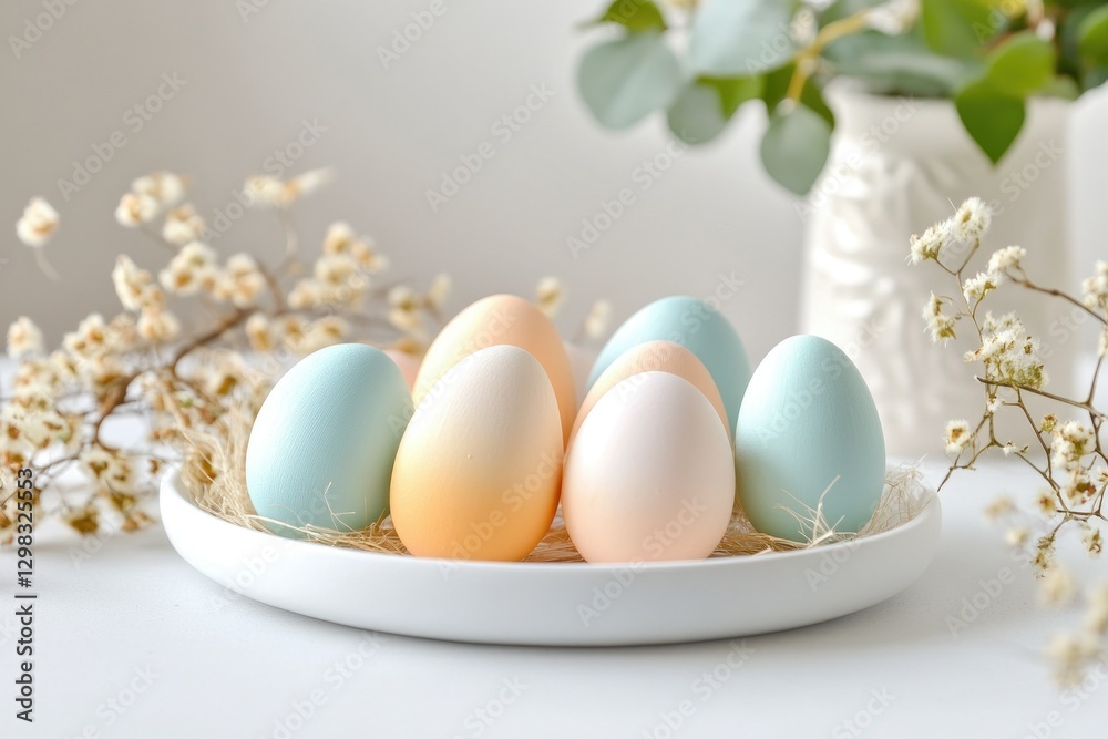 Ombre pastel easter eggs arrangement with spring blossoms for holiday decoration