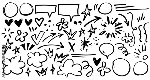 Arrow, Crown, Star, Flowers, Doodle Elements Hand Drawn Vector Set. Abstract Grunge Brush Stroke Hand Drawn Collection. Collection of Simple Cute Elements for Trendy Modern Design