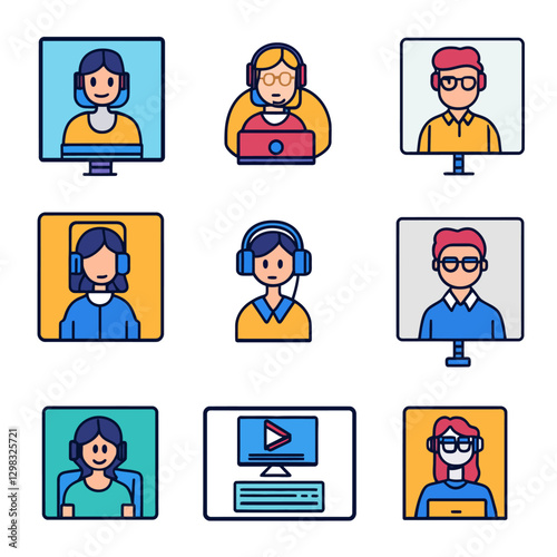 Online Meeting Icons Showing Video Conference, Webinar, and Remote Work