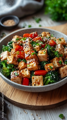 Tofu stir-fry with broccoli and cherry tomatoes