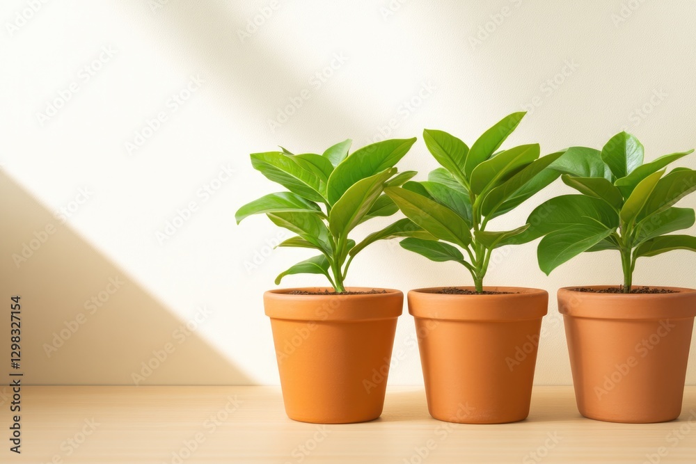 Fototapeta premium Three potted plants with vibrant leaves, casting soft shadows on