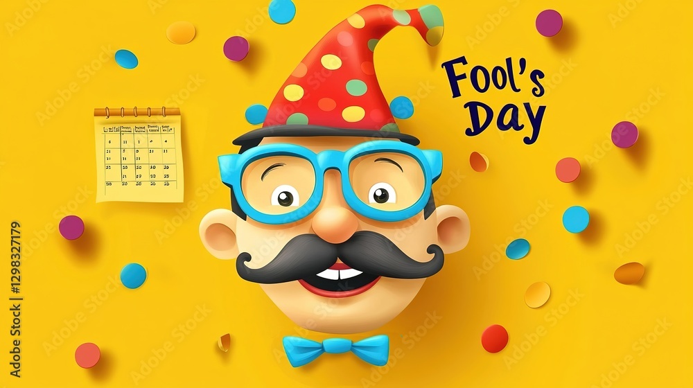 Fototapeta premium A cartoon character's face with a red polka - dotted hat, blue glasses, black mustache and a blue bow tie, beside a calendar, surrounded by colorful confetti for Fool's Day.