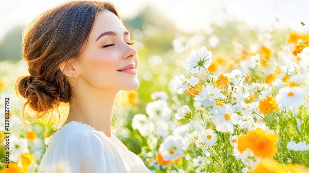 Serene Woman In Flower Field With Soft Light Serene Woman In Flower Field With Soft Light
