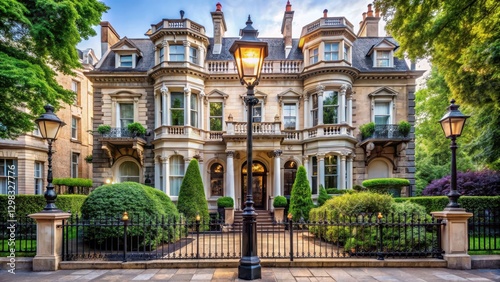 Wallpaper Mural An elegant Victorian-style mansion with a grand entrance and imposing stone facade on a quaint London street lined with ornate lamp posts and lush greenery , architecture, facade Torontodigital.ca