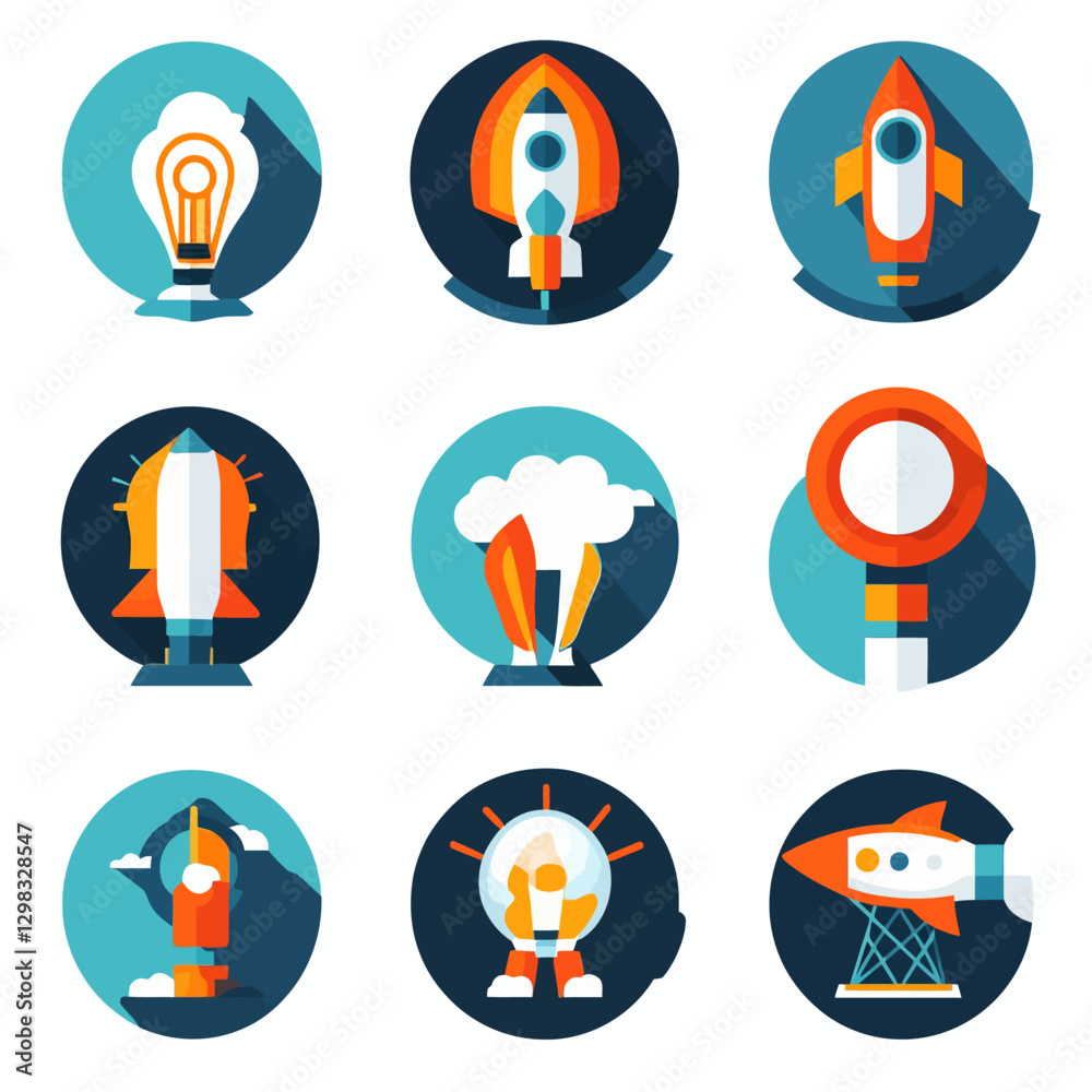 Rocket launch icons set in vector style for space and innovation theme Rocket launch icons set in vector style for space and innovation theme