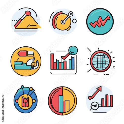 Set of nine colorful business analytics icon on a white background.