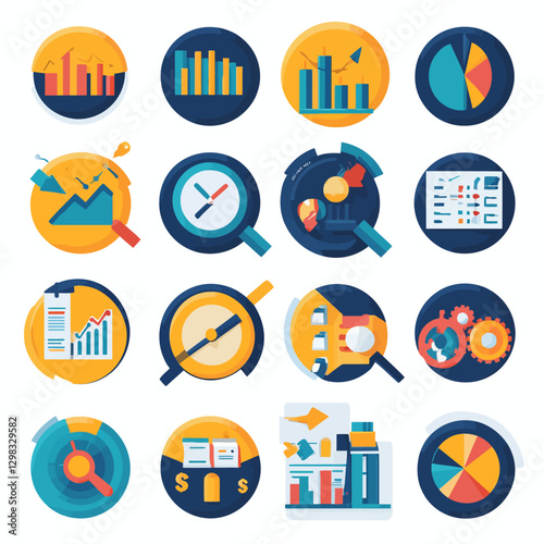 Business intelligence icon set: Data analysis graphs and charts.