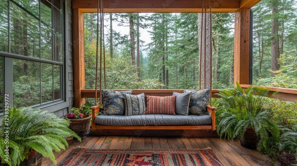 Rustic porch swing with forest view Rustic porch swing with forest view