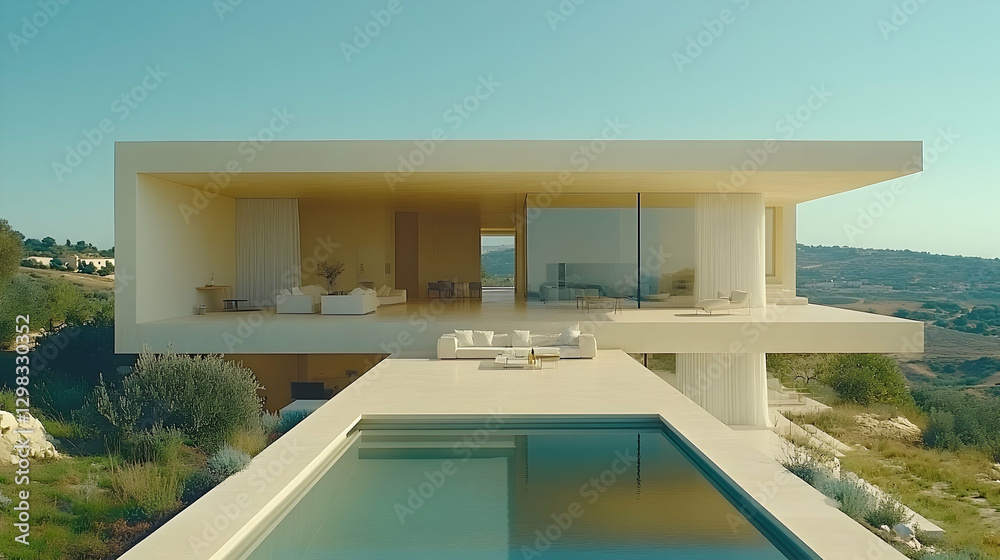 Fototapeta premium Modern minimalist villa overlooking hills, infinity pool