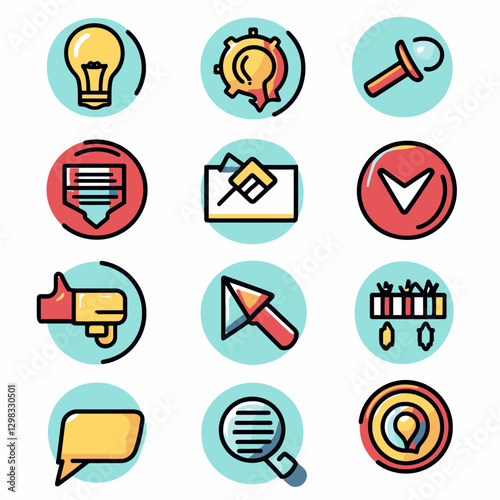 Business Innovation Elements Icons: Idea, Settings, Pointer, Target Set