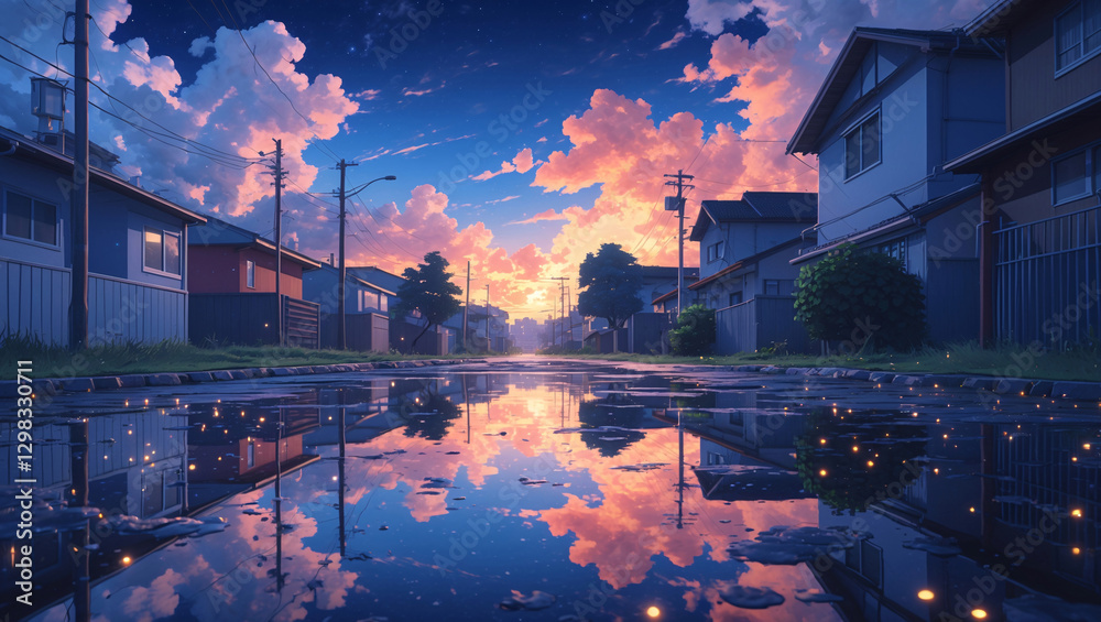 Obraz premium Calm and Reflective Wet Street in a Peaceful Neighborhood After Afternoon Rain with Homes and Bright Clouds in the Reflection Anime Style Wallpaper Background