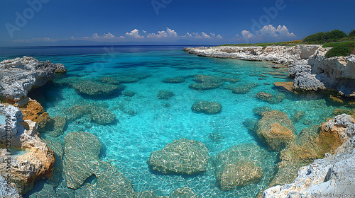 Secluded cove, turquoise water, rocky shore, sunny Greece