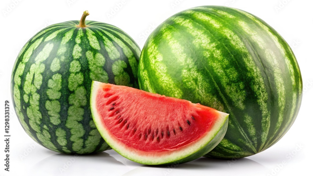 A large, seedless watermelon, vibrant and juicy, stands out against a clean white background. A large, seedless watermelon, vibrant and juicy, stands out against a clean white background.