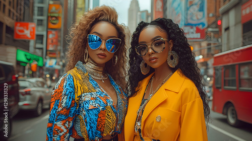 Stylish women pose in NYC street, vibrant fashion
