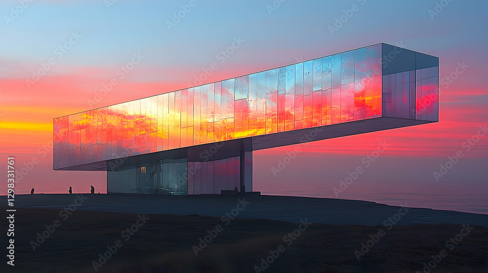 Obraz premium Sunset mirrored pavilion on coastal cliff