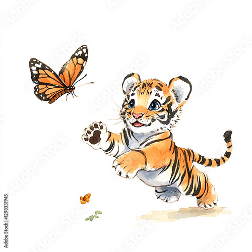Playful Tiger Cub Chasing Butterfly in Minimalist Style - A Captivating Scene of Nature's Innocence and Joyful Exploration in a Serene Environment