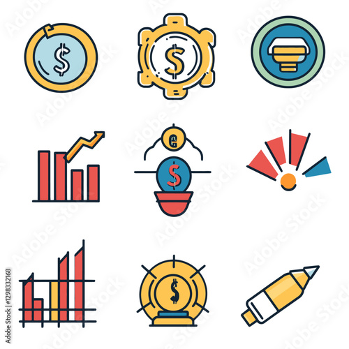 Financial icons showcase growth, earnings, and business strategy icons