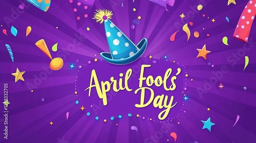 A festive scene for April Fools' Day with a blue polka - dotted party hat at the center, surrounded by colorful confetti, stars, horns and other party elements on a vibrant purple background.