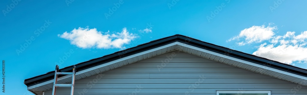 Modern Home Exterior with Ladder Against Clear Blue Sky Modern Home Exterior with Ladder Against Clear Blue Sky