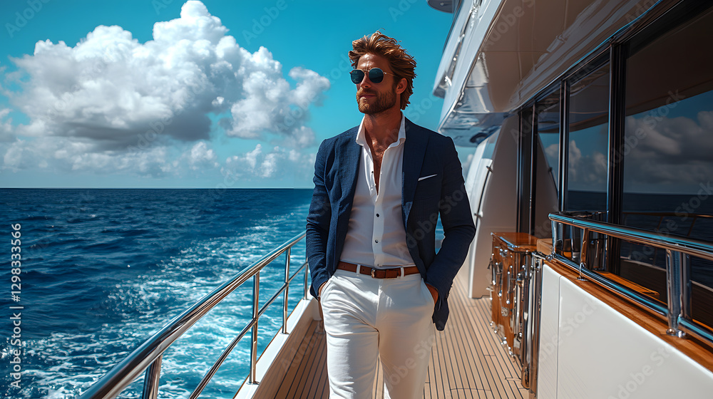 A stylish summer photography of a man enjoying a yacht deck, dressed in a crisp navy blazer, white chinos, and boat shoes, with the deep blue sea and cloudless skies stretching endlessly around him.