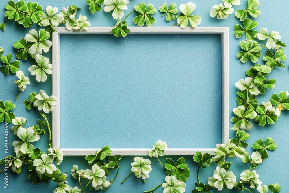 St. PatrickA's Day design with text frame and clover petals on blue backdrop.